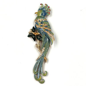 Vtg Coro Bird Fur Clip Enameled Cockatoo Rhinestone Pin 5" Verrecchio Designer